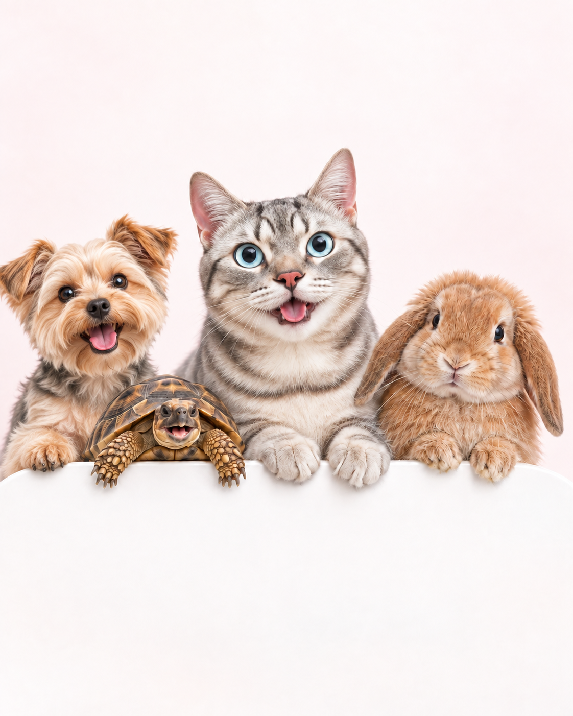 A cat, rabbit, tortoise and small dog together
